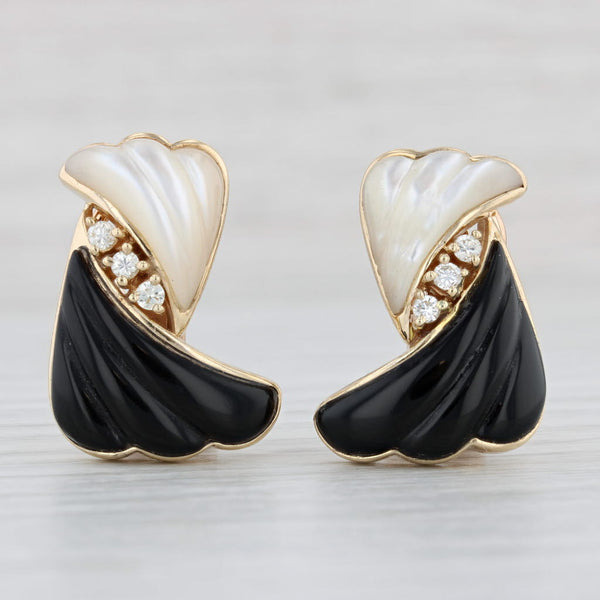 Light Gray Mother of Pearl Onyx Diamond Clip On Earrings 14k Yellow Gold Non Pierced
