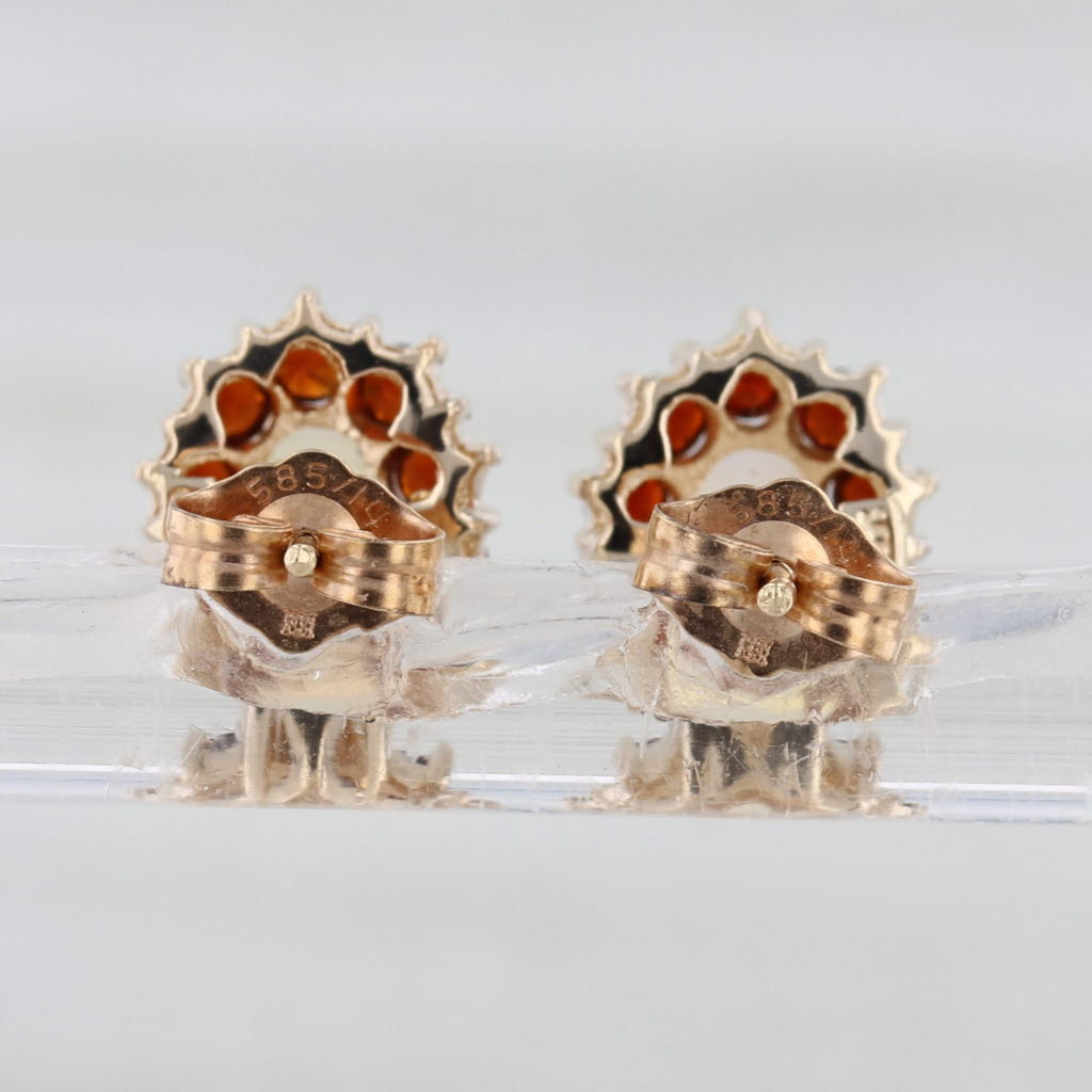 Oval Cabochon Opal Garnet Halo Stud Earrings 14k Yellow Gold Studs