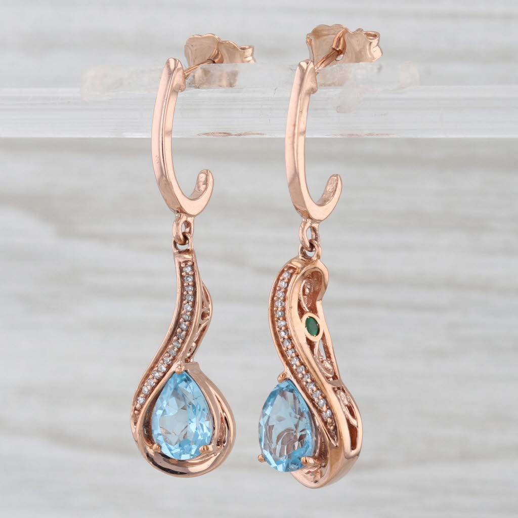 1.17ctw Blue Topaz Emerald Diamond Dangle Earrings 10k Rose Gold J-Hook Drops