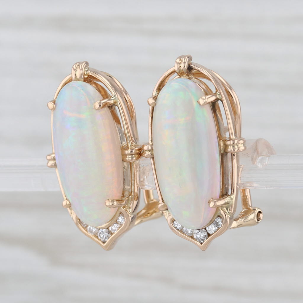 Opal Cabochon Diamond Earrings 14k Yellow Gold Omega Backs