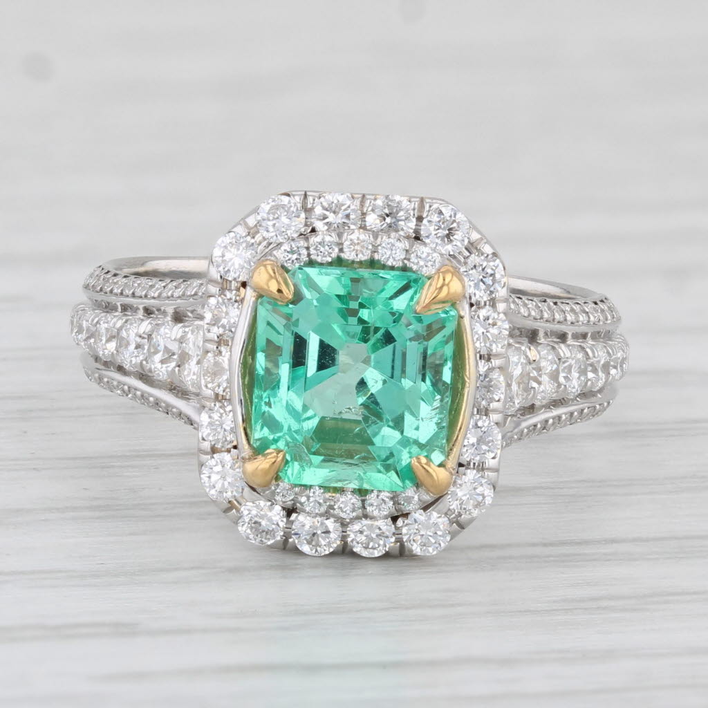 Light Gray 2.59ctw Emerald Diamond Halo Engagement Ring 18k White Gold Size 6 GIA