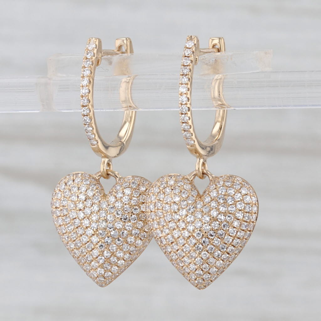 0.70ctw Pave Diamond Heart Dangle Earrings 14k Yellow Gold Drops