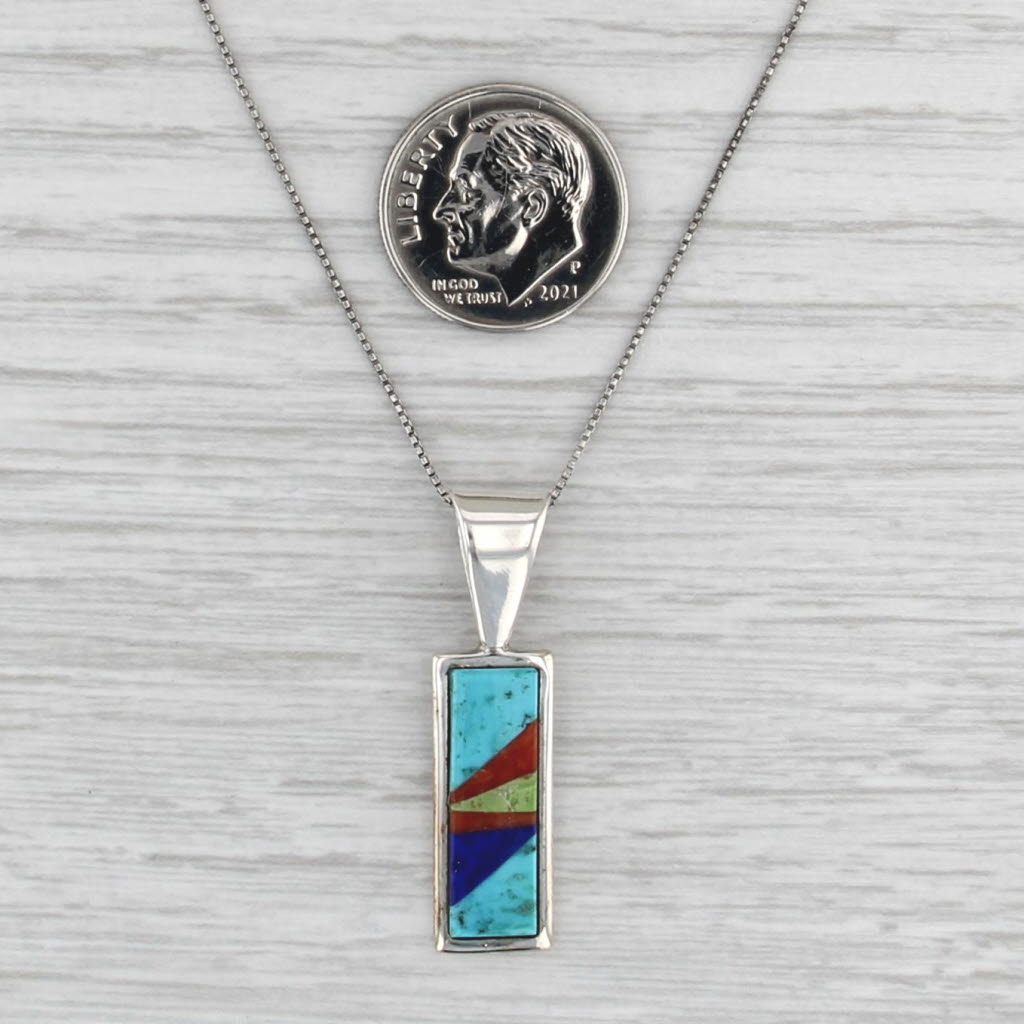 Stone Mosaic Pendant Necklace Sterling Silver Box Chain Shell Turquoise Lapis