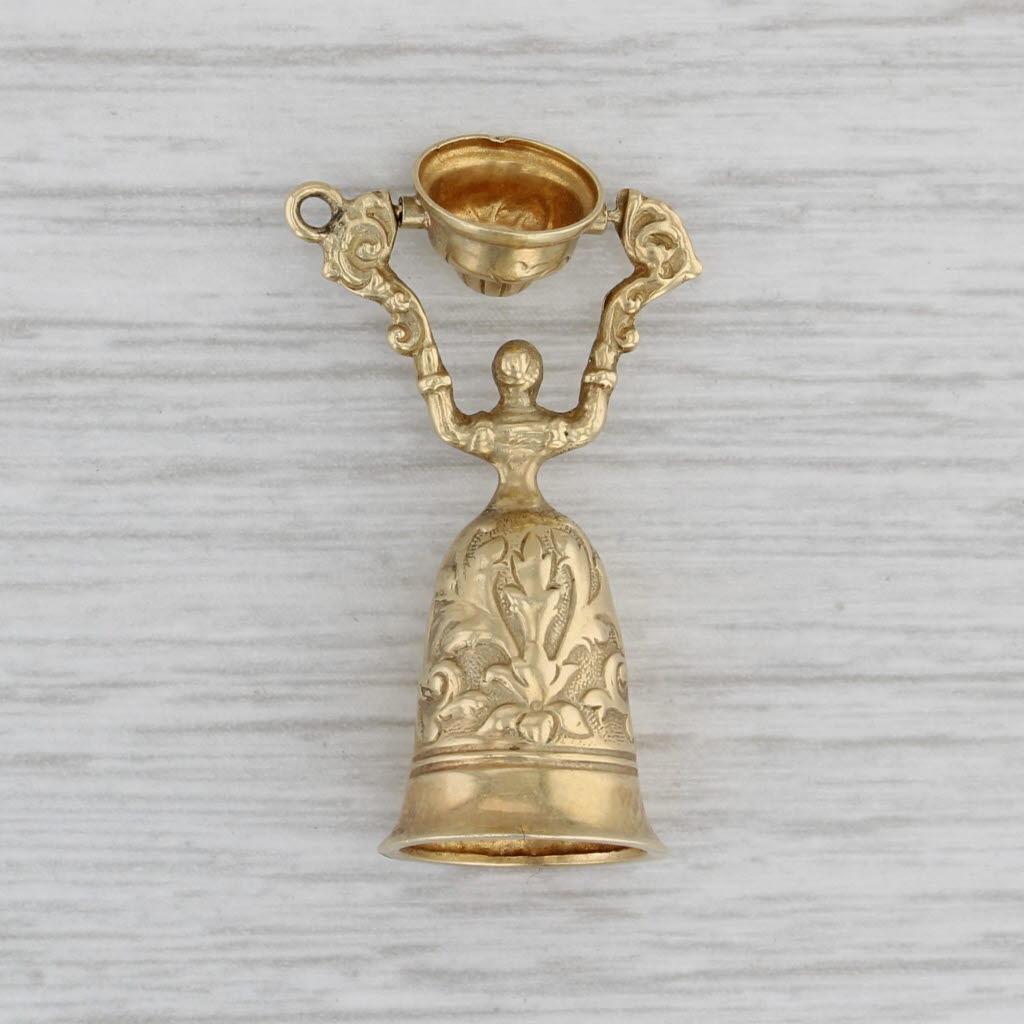 Gray German Wedding Cup Charm 15k Yellow Gold Ornate Figural Vintage Pendant Moves