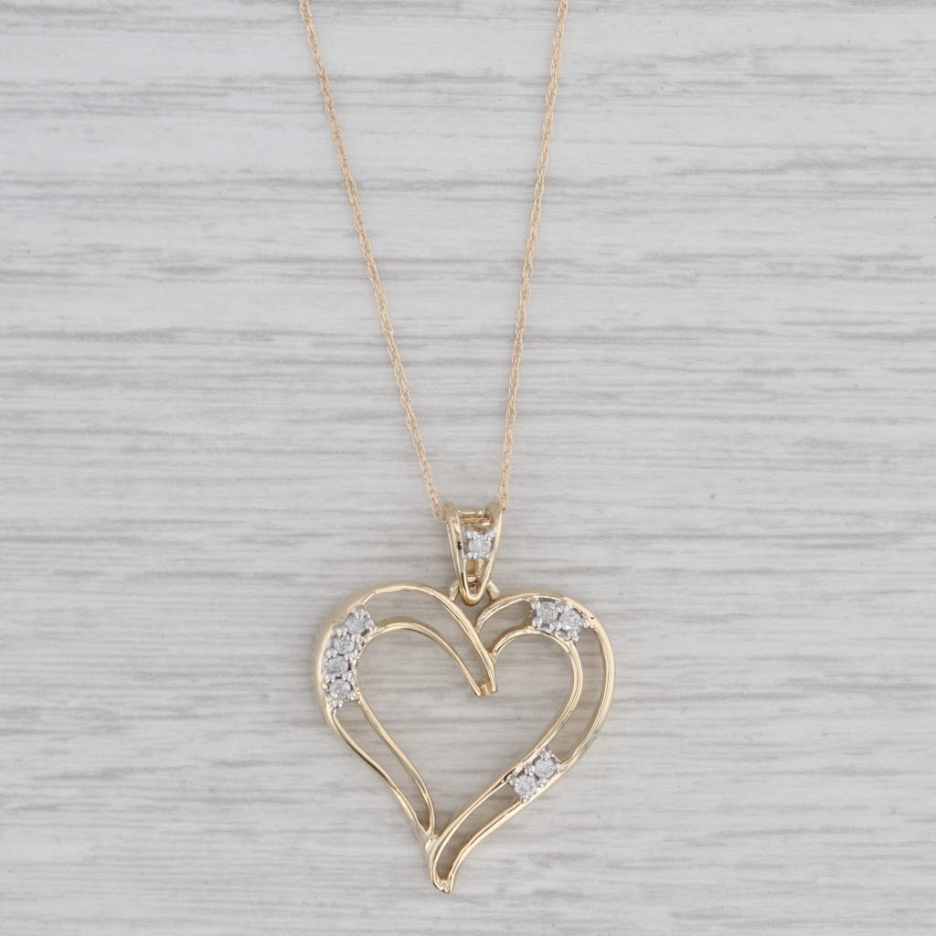 Gray 0.15ctw Diamond Open Heart Pendant Necklace 14k Yellow Gold 18" Rope Chain