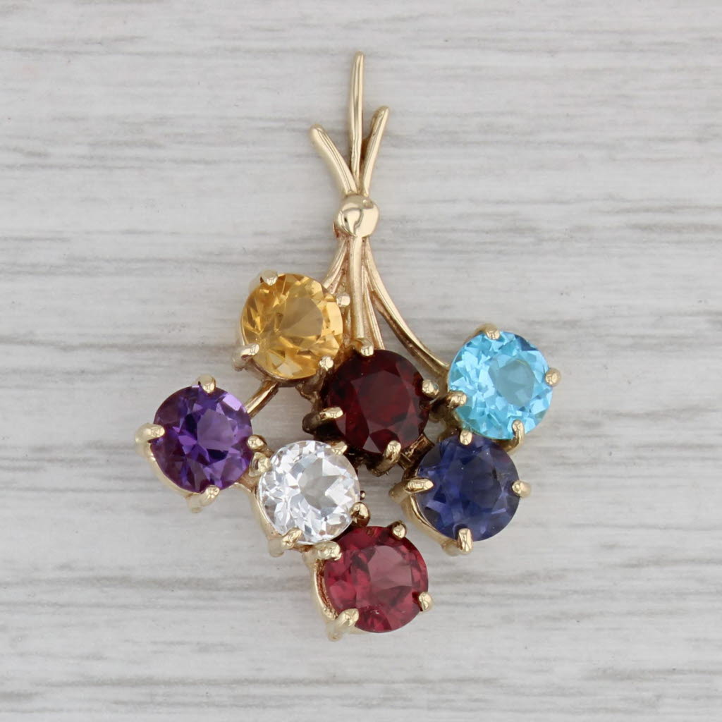 Gray Gemstone Flower Bouquet Pendant 10k Gold Topaz Iolite Garnet Citrine Amethyst