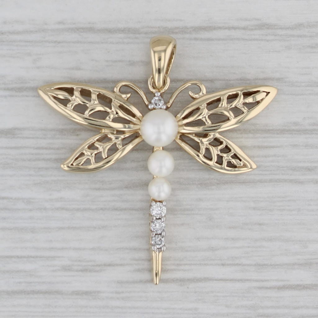 Gray Cultured Pearl Diamond Dragonfly Pendant 10k Yellow Gold