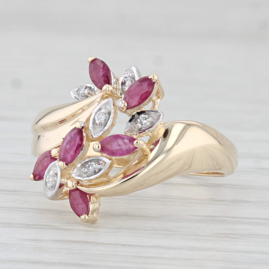 Light Gray 0.68ctw Ruby Diamond Cluster Bypass Ring 10k Yellow Gold Size 7