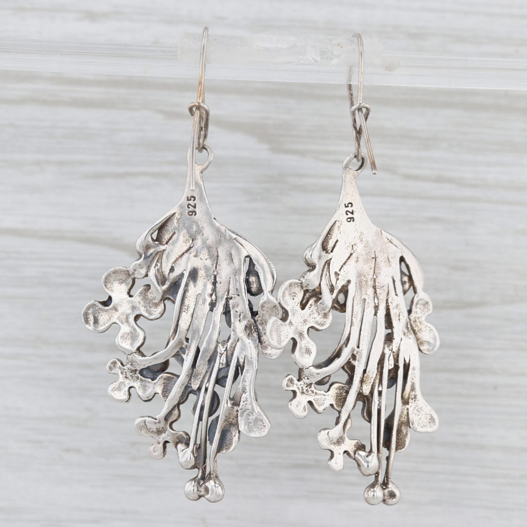 Ruby Flower Dangle Earrings Sterling Silver Hook Posts Statement Drops