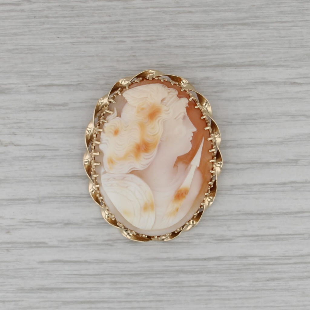 Carved Shell Athena Brooch 14k Yellow Gold Gold Vintage Large Oval Pin