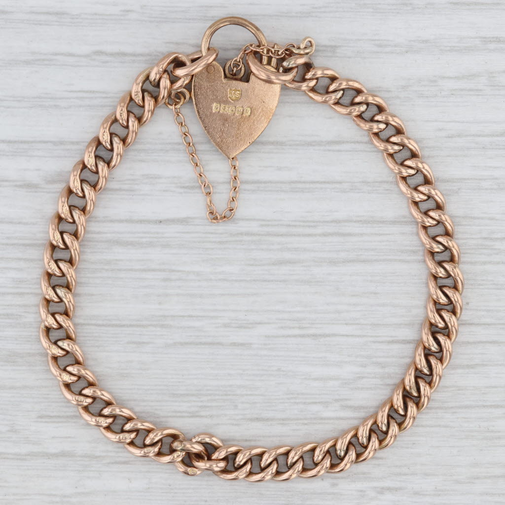 Antique Padlock Heart Clasp Charm Bracelet 9k Rose Gold Curb Chain 7.25"