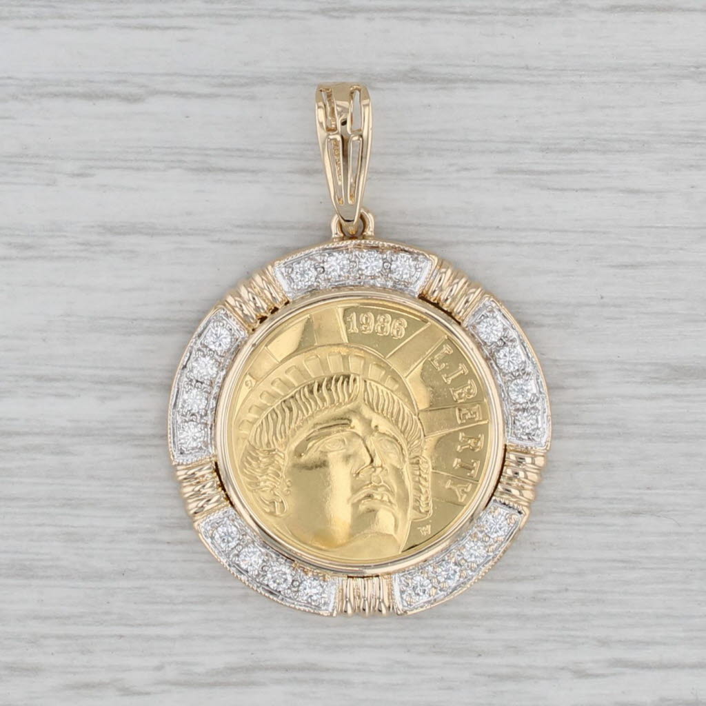 Gray 0.60ctw Diamond14k Coin Bezel Pendant 1986 Statue of Liberty 900 Gold Coin 5 USD