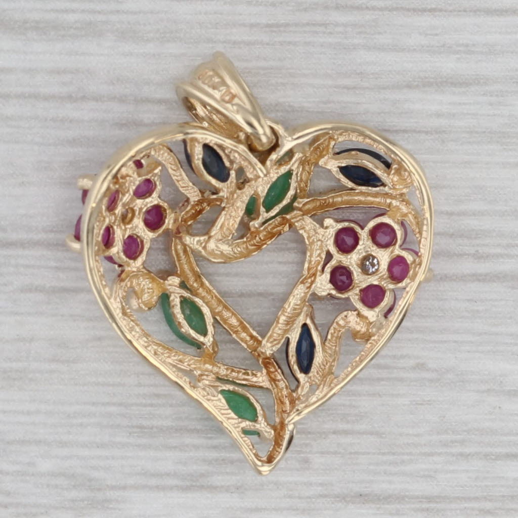 1.30ctw Ruby Emerald Sapphire Open Heart Pendant 10k Yellow Gold