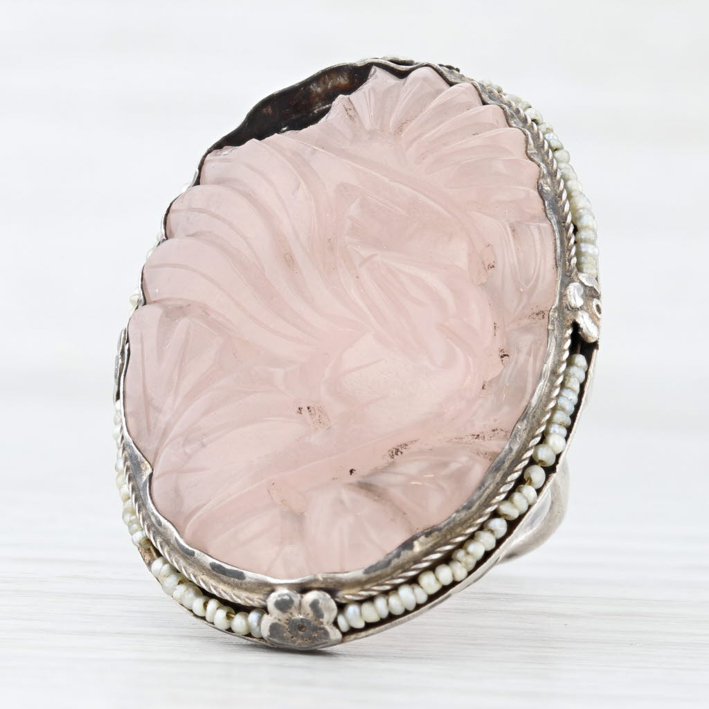 Light Gray Vintage Floral Carved Rose Quartz Pearl Ring Sterling Silver Statement AS IS