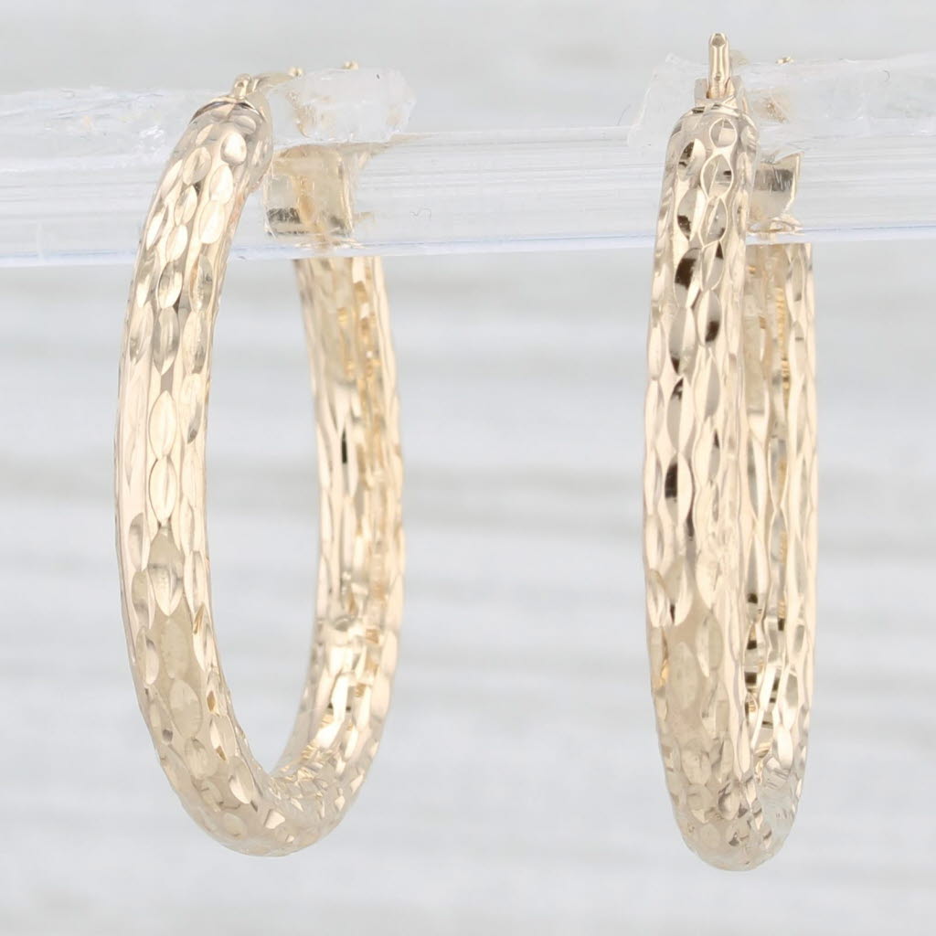 Light Gray Hammered Round Hoop Earrings 14k Yellow Gold Snap Top Hoops