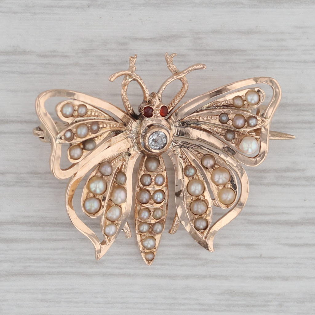 Gray Vintage Pearl Diamond Butterfly Brooch 14k Yellow Gold Pin Insect Jewelry