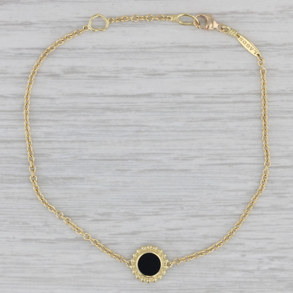 Gray New Lagos Caviar Onyx Covet Bracelet 18k Yellow Gold 7.25" Cable Chain