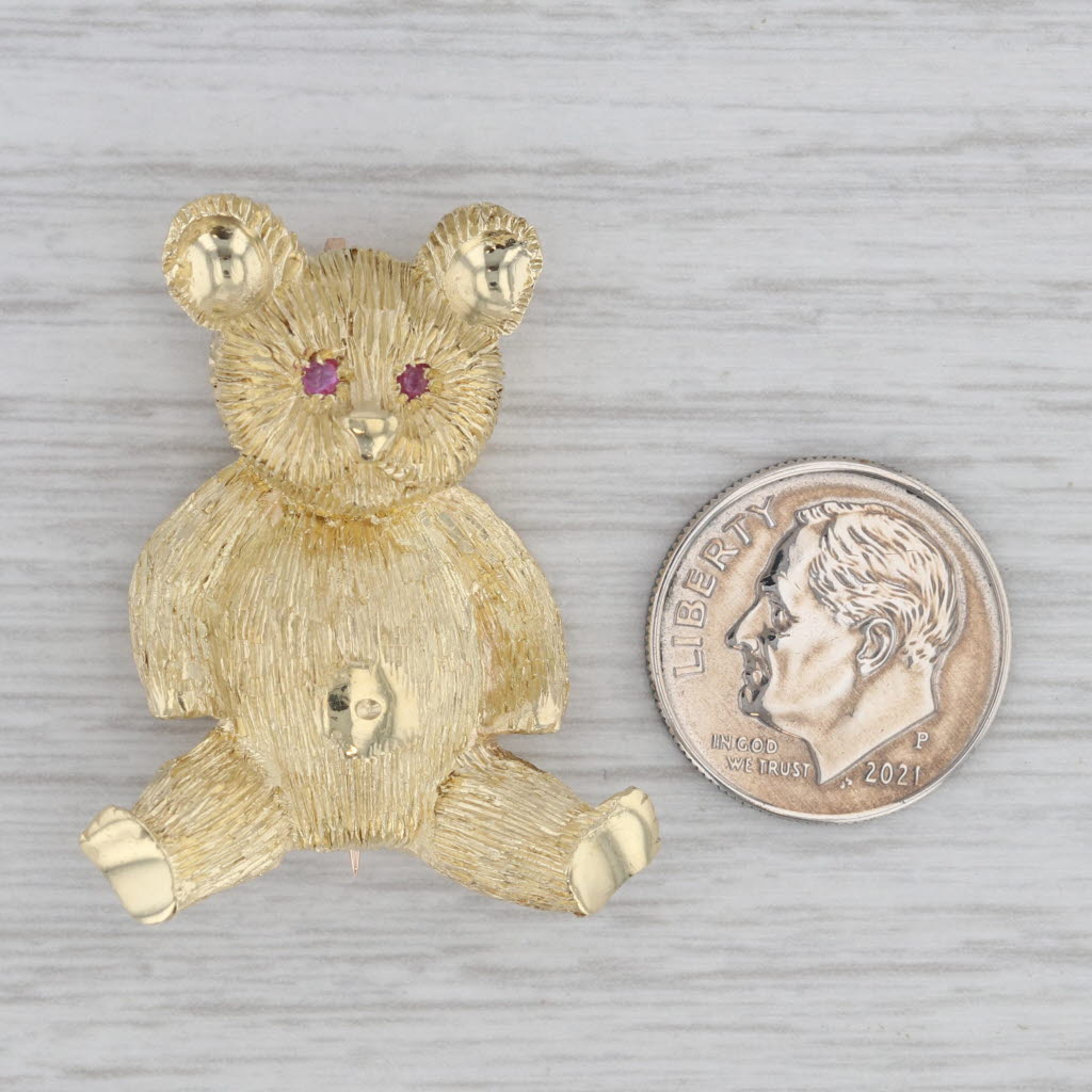 Gray Ruby Eyed Teddy Bear Brooch 18k Yellow Gold Pin