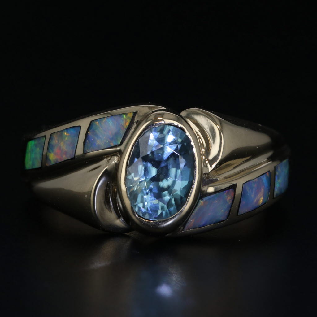 Black Blue Green Opal 1.25ct Blue Zircon Ring 14k Yellow Gold Size 5.75 Bypass