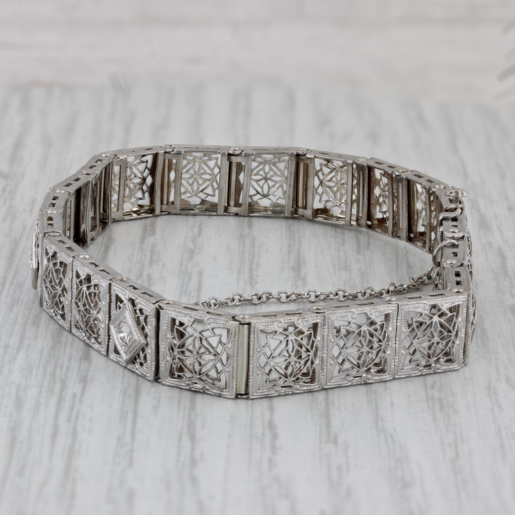 Gray Art Deco 0.18ctw Diamond Filigree Bracelet 14k White Gold Platinum 7"