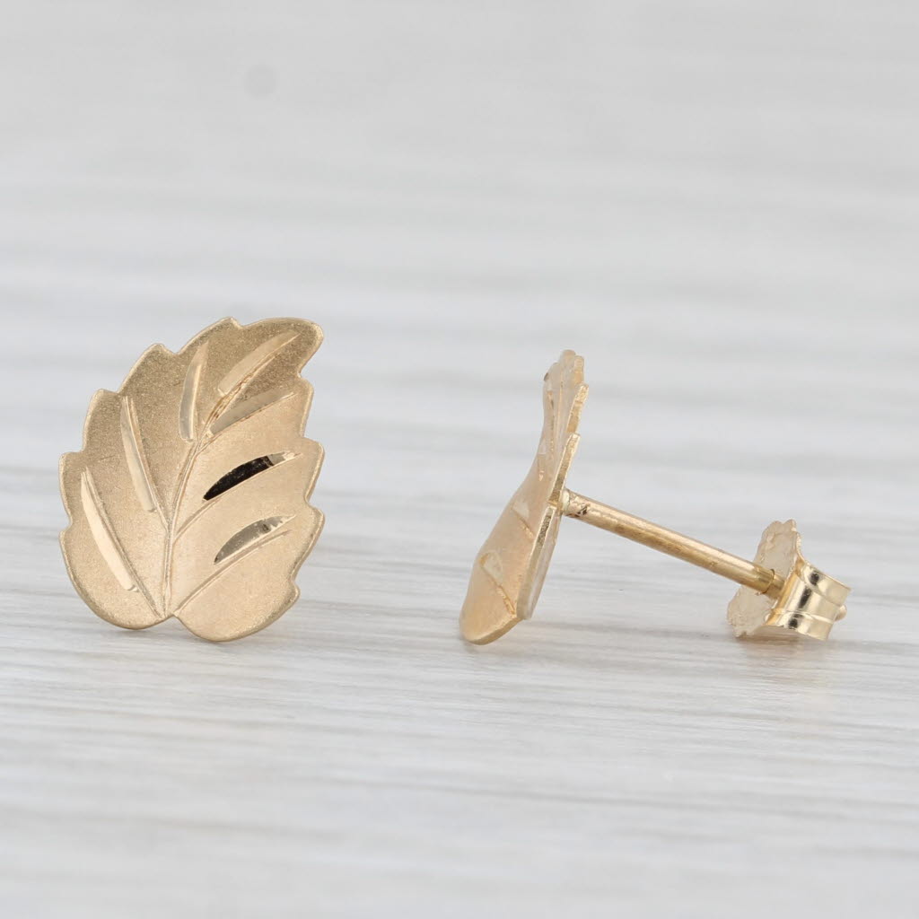 Light Gray Leaf Stud Earrings 14k Yellow Gold