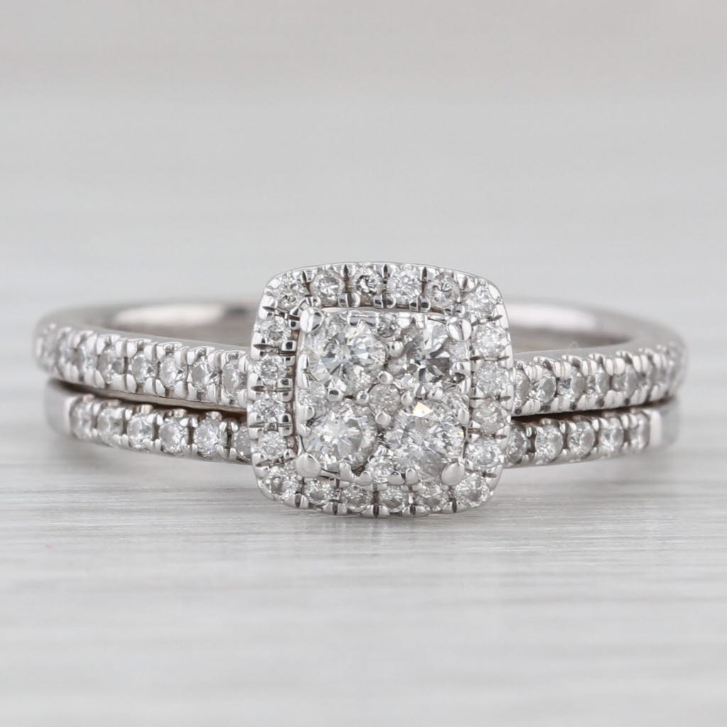 Light Gray 0.44ctw Diamond Halo Engagement Ring Wedding Band Bridal Set 10k Gold Size 6.75