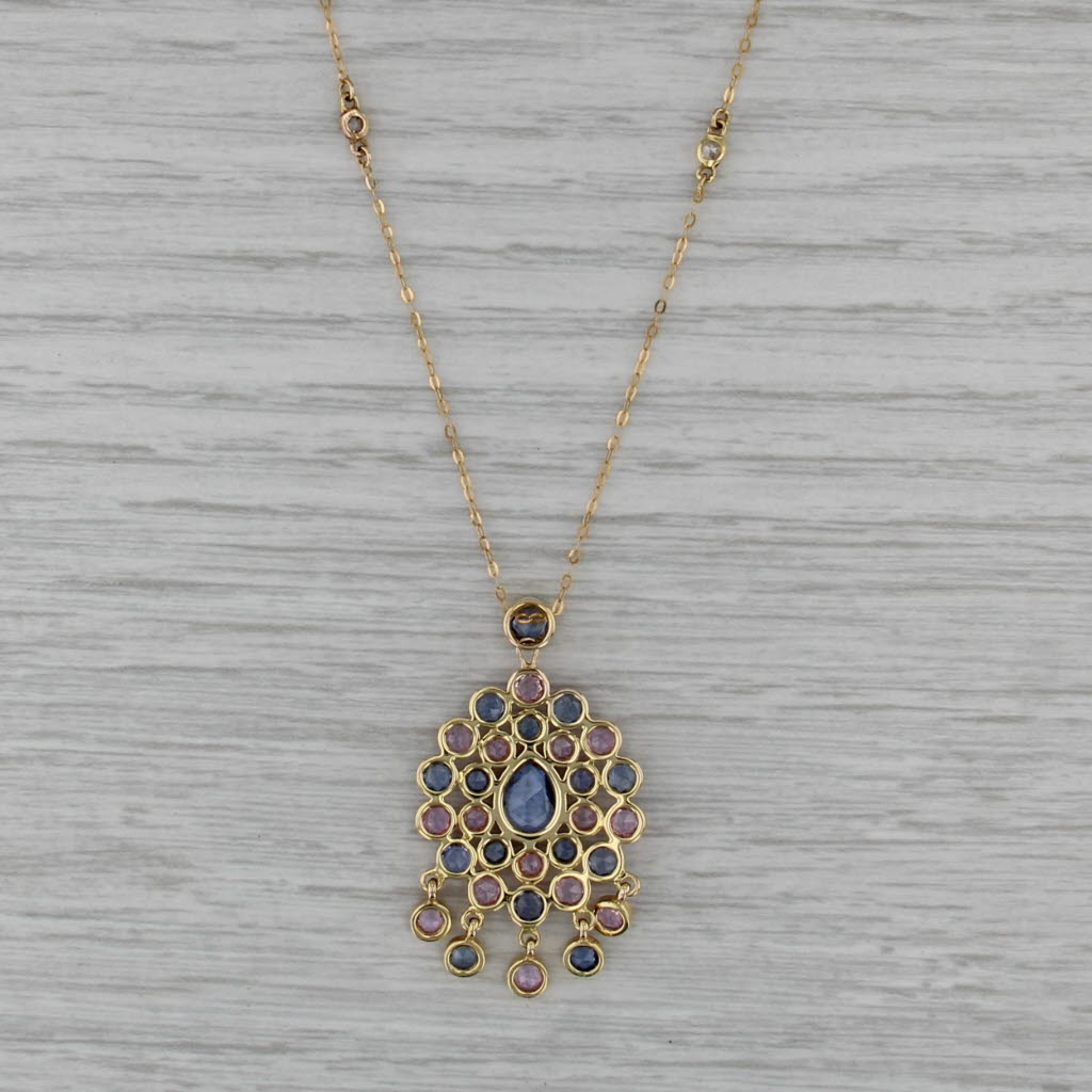 New 3.12ctwSapphire Garnet Pendant Station Necklace 18k Gold 19.25" Cable Chain