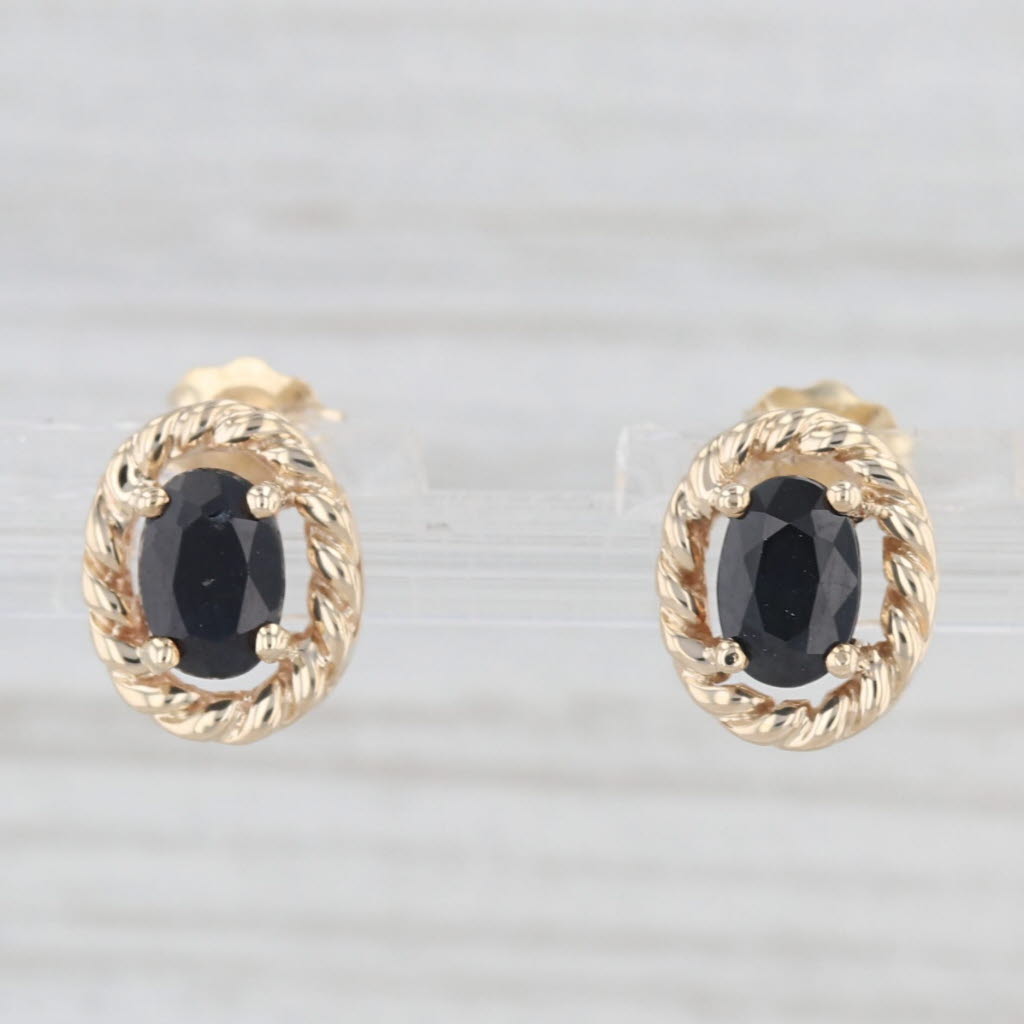 Light Gray 1ctw Blue Sapphire Stud Earrings 10k Yellow Gold Oval Solitaires