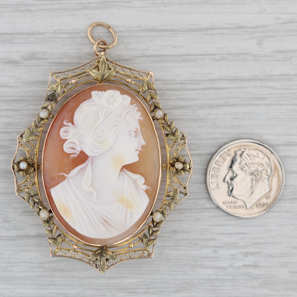 Gray Vintage Carved Shell Pearl Cameo Brooch Pendant 10k Gold Floral Figural Signed