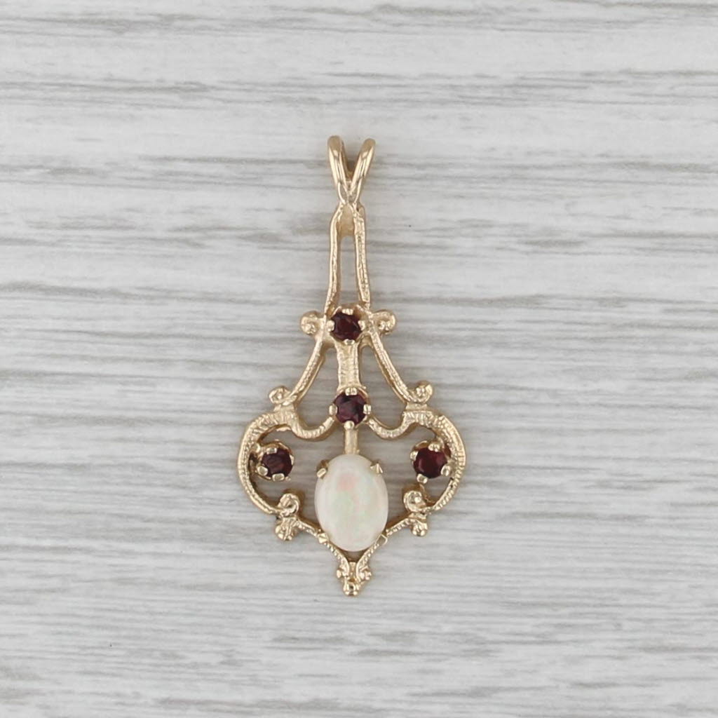 Opal Cabochon Garnet Drop Pendant 14k Yellow Gold Vintage Style
