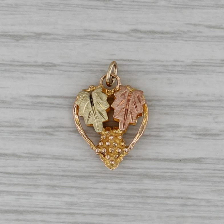 Black Hills Gold Style Leaf Heart Pendant 10k Yellow Rose Green Charm