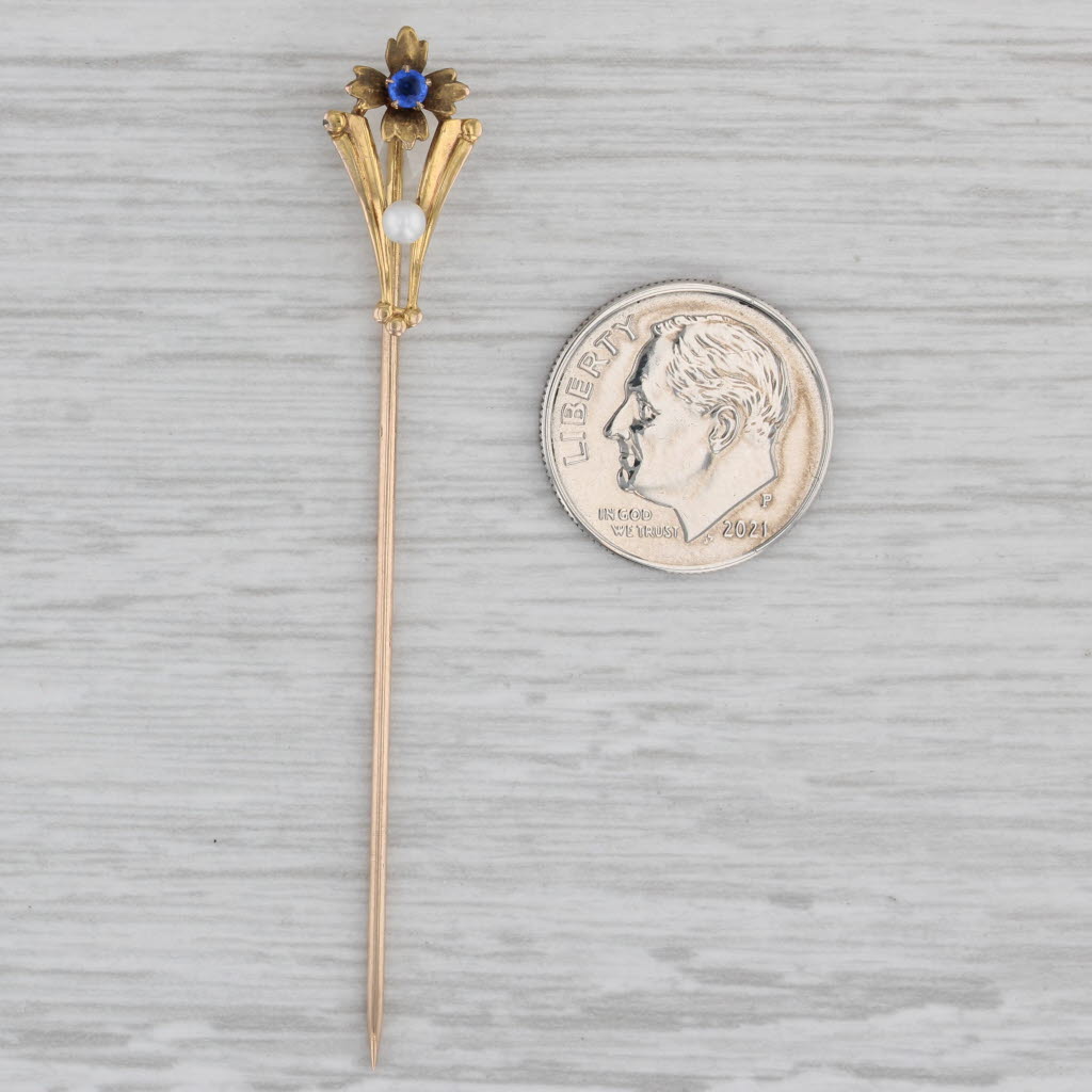 Gray Antique Lab Created Sapphire Pearl Flower Stickpin 10k Yellow Gold Floral