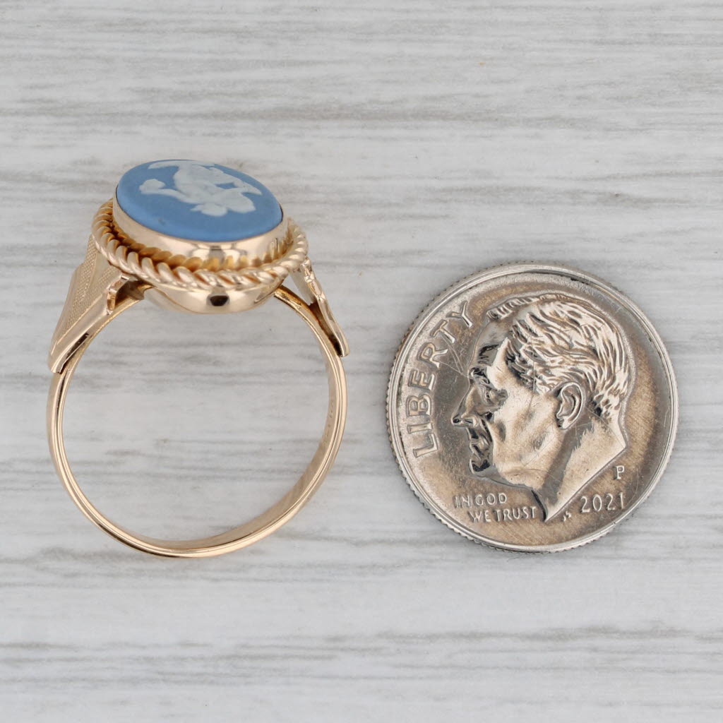 Gray Wedgewood Ceramic Figural Cameo Ring Vintage British 14k Yellow Gold Sz 6.25