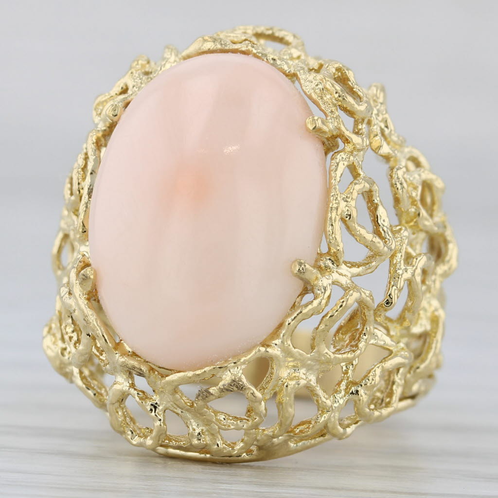 Gray Light Pink Coral Openwork Statement Ring 18k Yellow Gold Size 6 Oval Cabochon