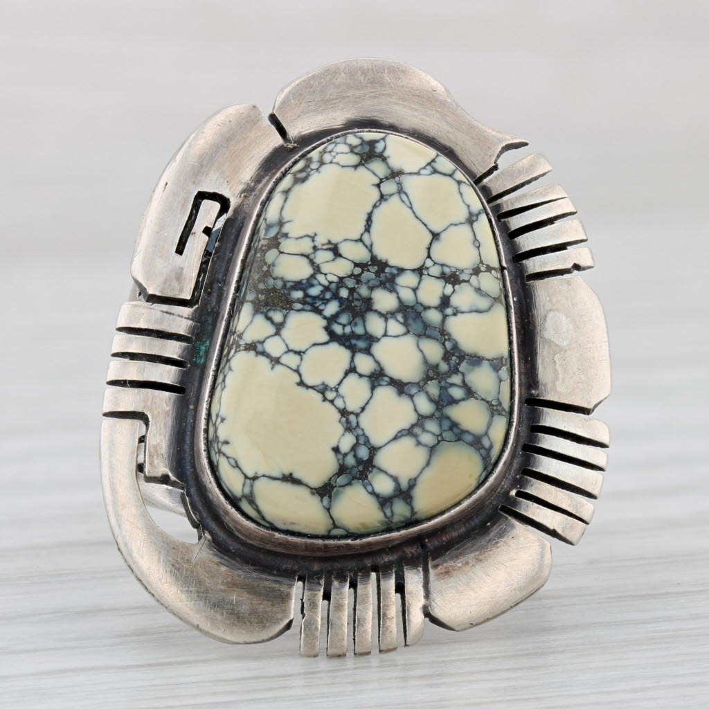 Light Gray Vintage Native American Howlite Resin Statement Ring Sterling Silver Size 9.75