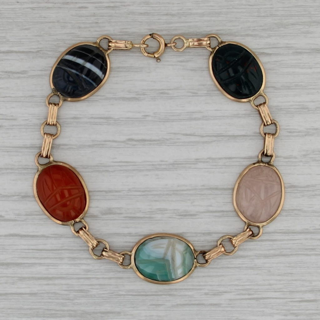 Vintage Carved Scarab Stone Bracelet 14k Gold Filled 6.75" Bloodstone Agate