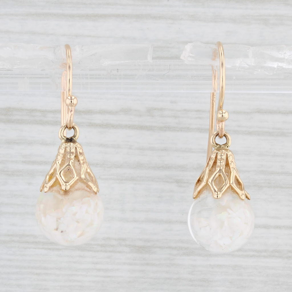 Light Gray Vintage Floating Opals in Glass Drop Earrings 14k Yellow Gold Hook Post Dangles