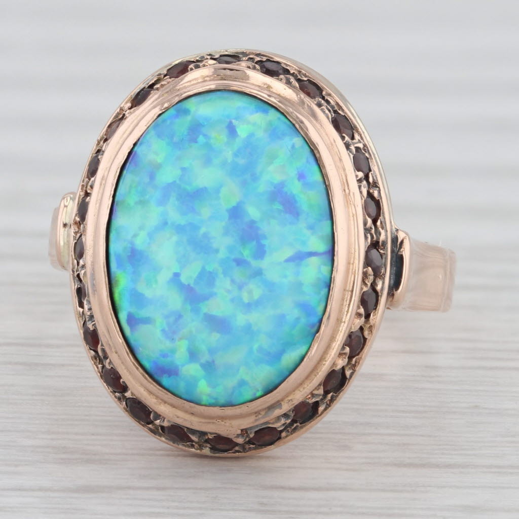 Gray Lab Created Opal Garnet Halo Ring 14k Rose Gold Size 6.75