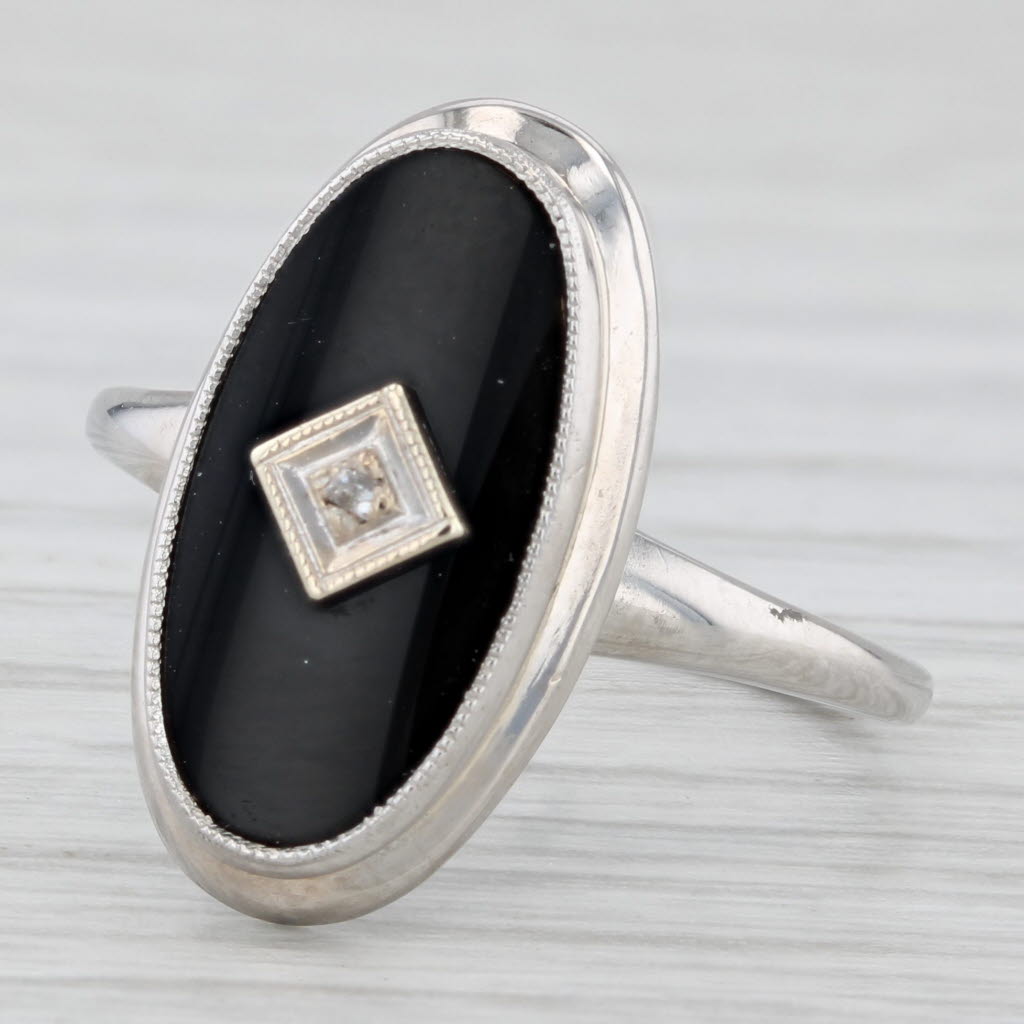 Light Gray Onyx Diamond Signet Ring 10k White Gold Size 7.5 Vintage