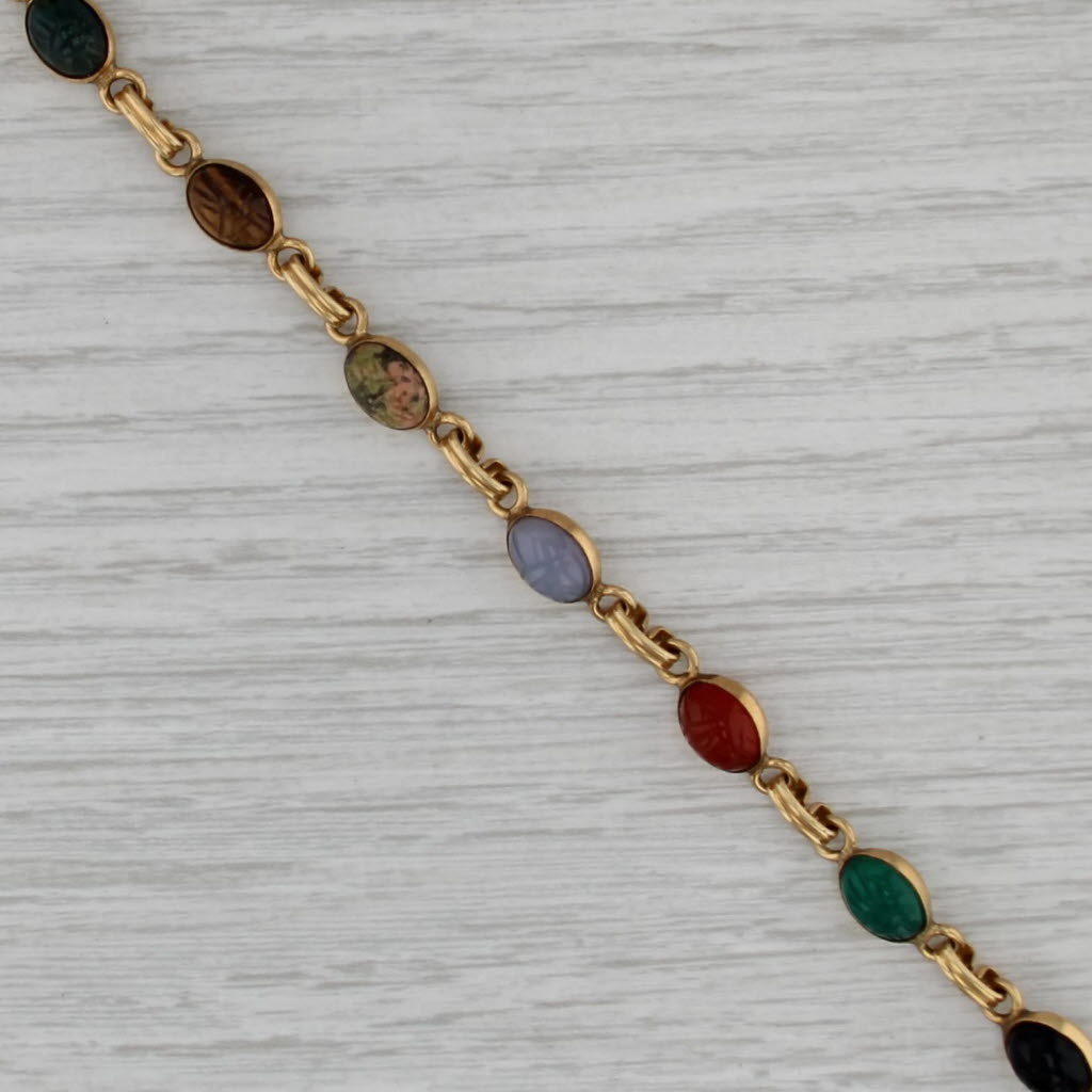 Vintage Carved Scarab Stone Bracelet Gold Filled Tigers Eye Chalcedony Carnelian