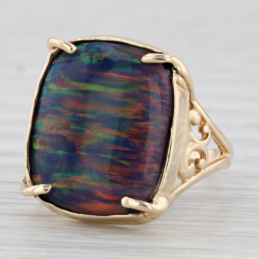 Dark Slate Gray Lab Created Opal Ring 14k Yellow Gold Size 8.75 Cushion Cabochon Solitaire