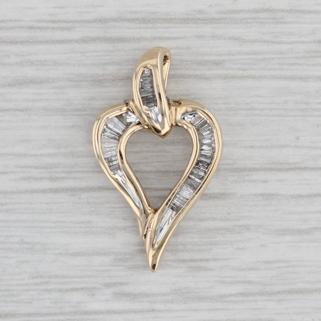 Gray 0.20ctw Diamond Baguette Open Heart Pendant 10k Yellow Gold