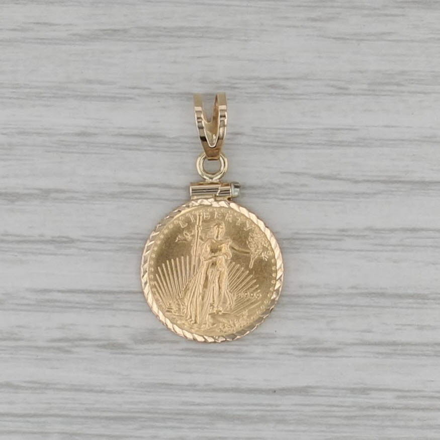 1999 1/10 American Eagle Coin Pendant 14k Bezel 22k AGE $5 Walking Liberty Charm