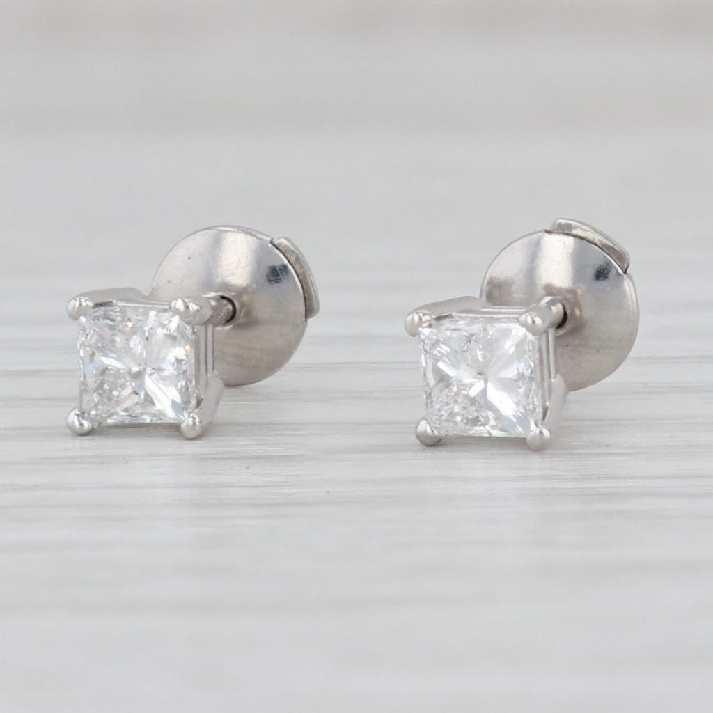 Light Gray 0.82ctw Princess Diamond Stud Earrings Platinum Studs Clutch Back