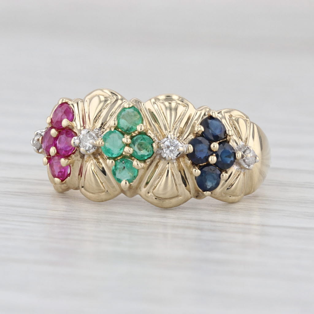 0.94ctw Ruby Emerald Sapphire Diamond Flower Ring 14k Yellow Gold Size 8.25