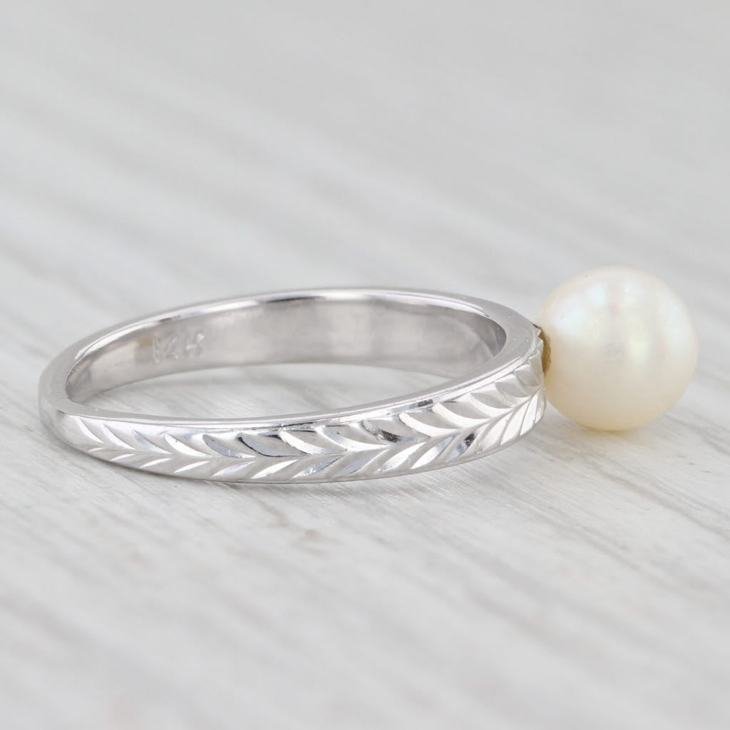 Light Gray 6.2mm Cultured Pearl Solitaire Ring 14k White Gold Wheat Etched Band
