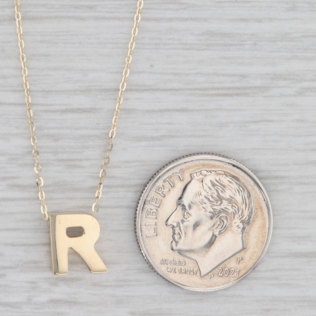 Gray Letter Initial "R" Pendant Necklace 14k Yellow Gold 16-18" Cable