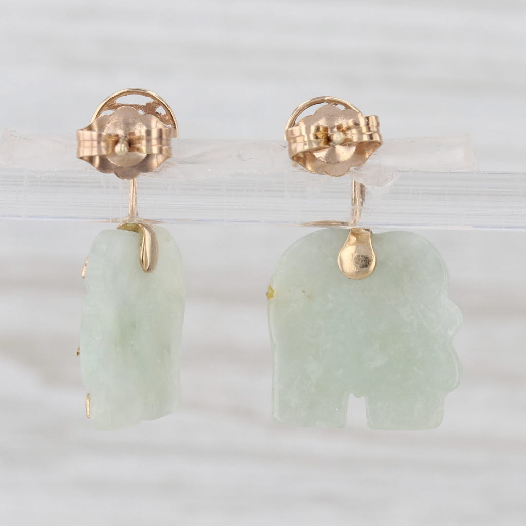 Green Jadeite Jade Elephant Dangle Earrings 10k Yellow Gold Drops