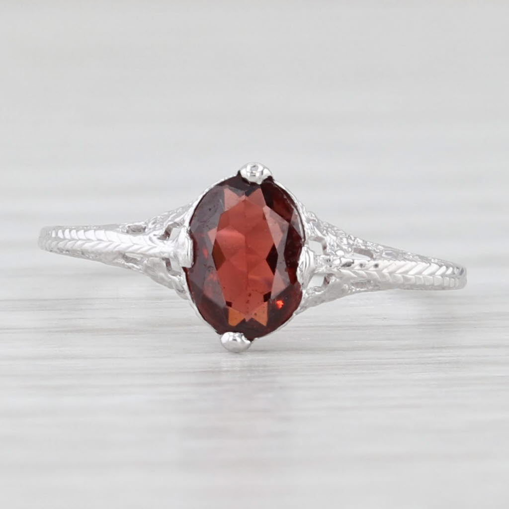 0.63ct Oval Solitaire Garnet Ring 10k White Gold Filigree Size 3.75 Vintage