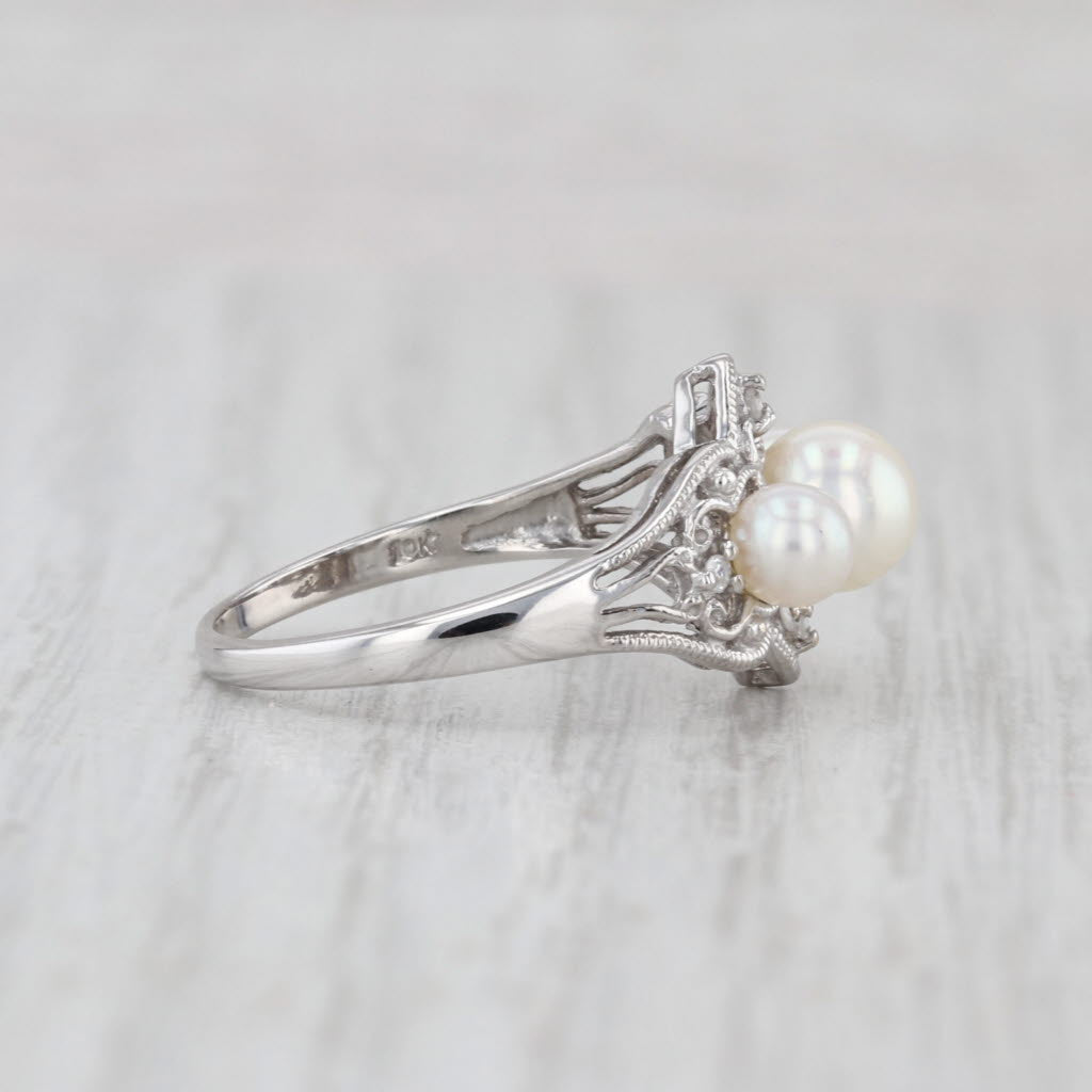 Cultured Pearl 3-Stone Diamond Ring 10k White Gold Size 6.75